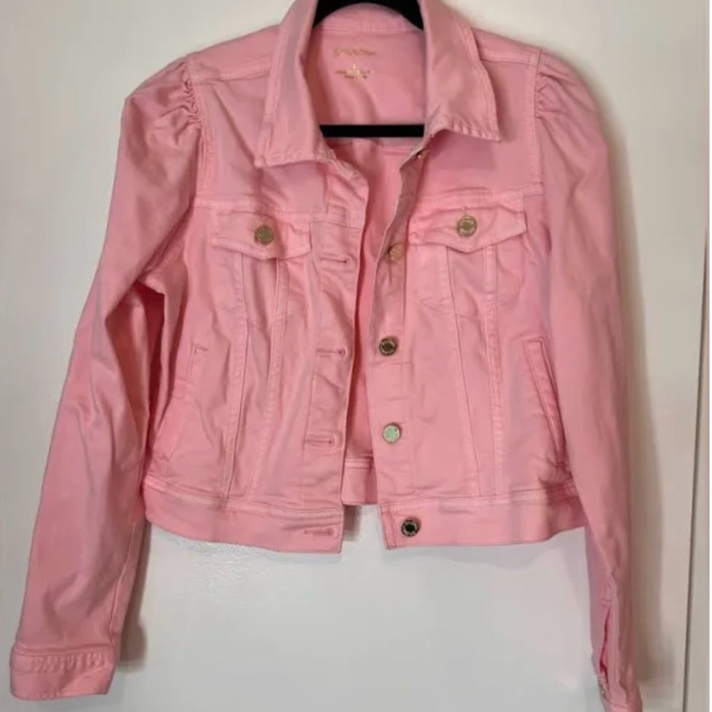 LILLY PULITZER Laylani Fitted Puff Sleeves Denim Jacket pink size Medium.